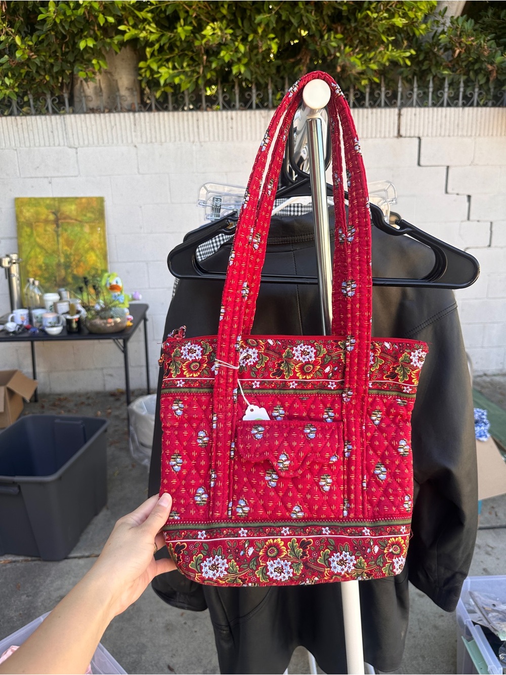 Vera Bradley Red Quilted Floral Tote Bag with Front Pocket